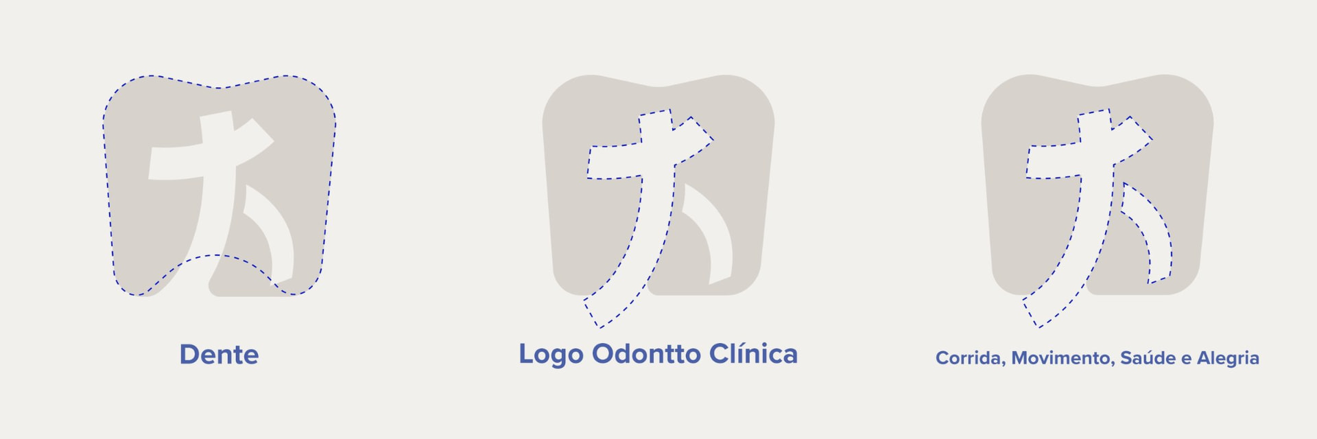 Construção do símbolo Sorriso em Movimentto unindo dente, marca Odontto e corredor